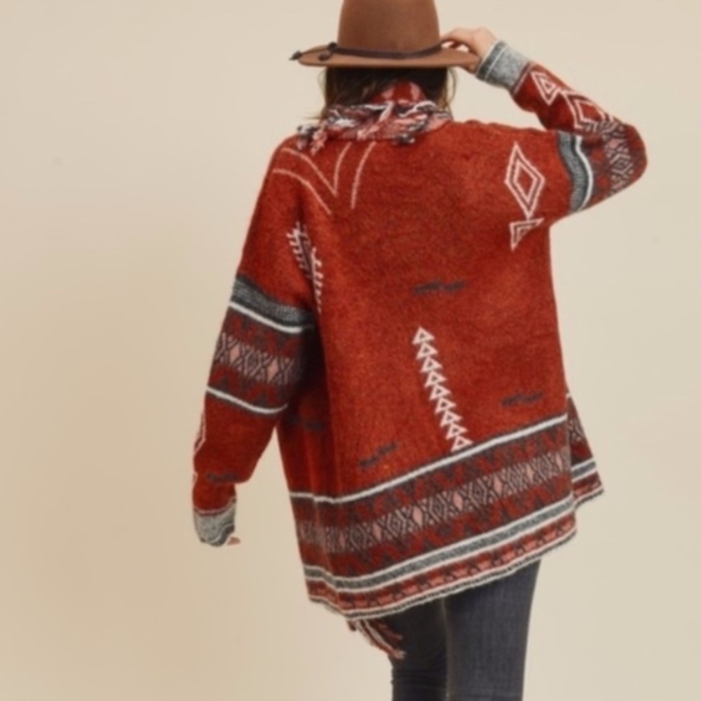 Cozy Cinnamon Red Tribal Print Fringe Open Front Cardigan - Picture 4 of 10